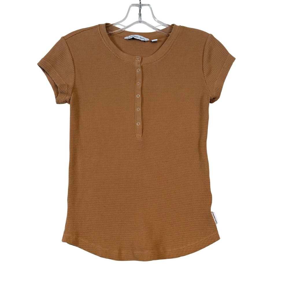 Calvin Klein Jeans Womens Waffle Knit Henley Top Brown Short Sleeve •S• Layering